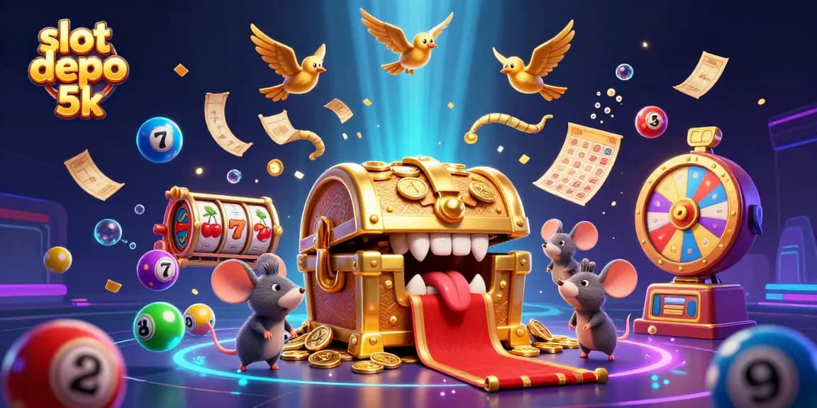 Mainkan slot depo 5k pada ilustrasi kasino yang kaya akan elemen permainan dan hadiah berlimpah.