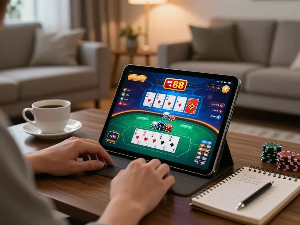 Engaged user playing cm 88 casino games on tablet in a cozy living room.