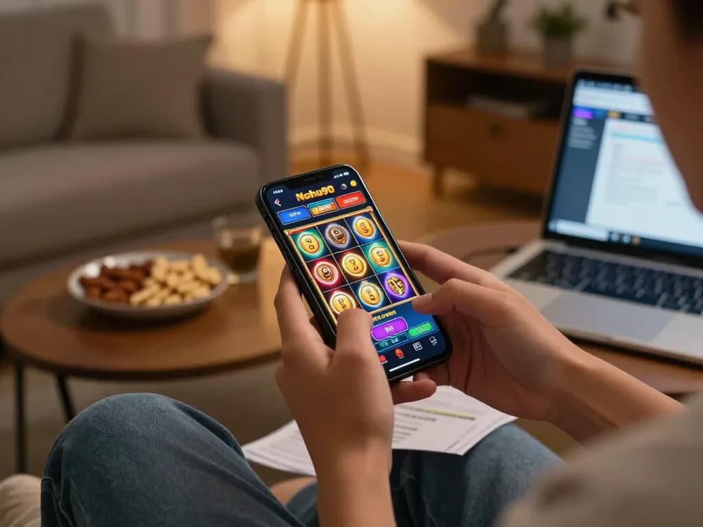Nohu90 users enjoy online slot gaming on smartphone, warm cozy atmosphere with strategy notes.
