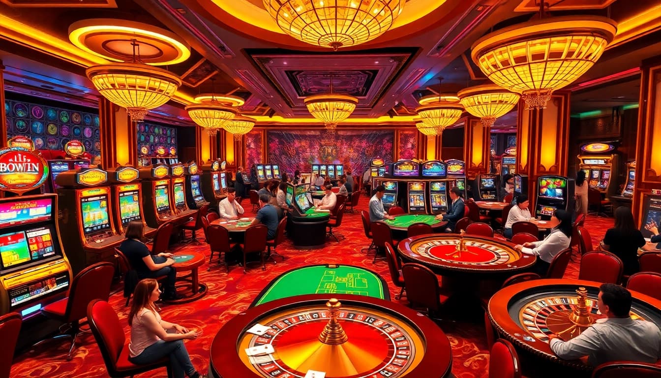 Engage with the vibrant atmosphere of the Trang Chủ OKWIN casino, showcasing stylish gaming tables and thrilled players.