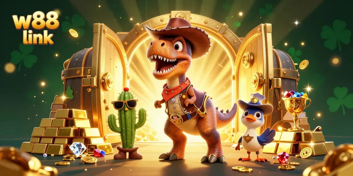 Experience thrilling betting with w88 link as cowboy dinosaur and friends celebrate a jackpot.