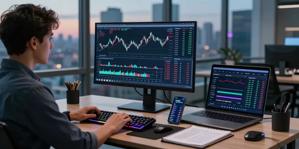 Cricbet trading desk with cryptocurrency market charts, modern setup for secure and innovative crypto trading.
