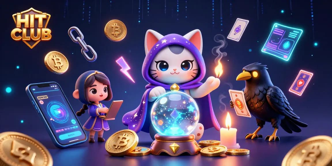 Engage with HIT CLUB's thrilling atmosphere featuring a fortune teller, raven, and illuminated game elements.