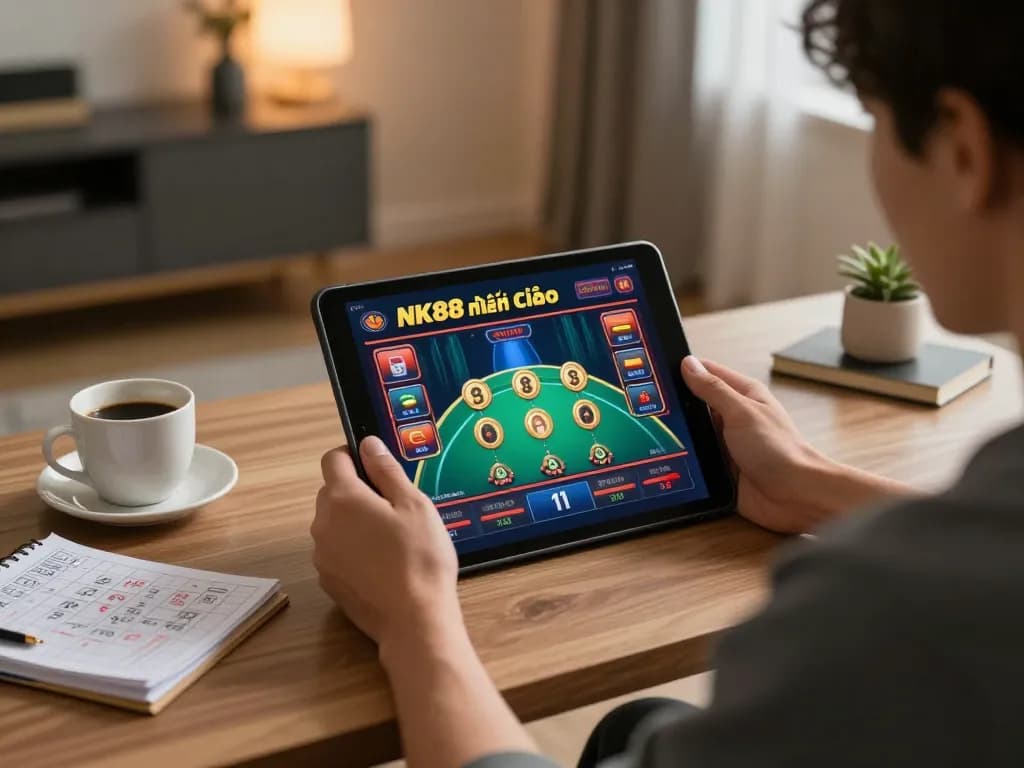 Engaging online gaming session with NK88 nhà cái displayed on tablet, highlighting strategic gameplay.