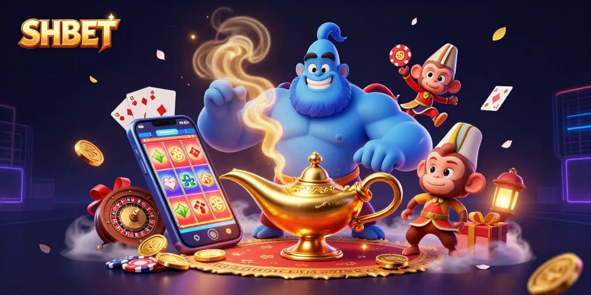 Engage with SHBET's enchanting casino experience, featuring 3D genie and vibrant gaming elements in action.
