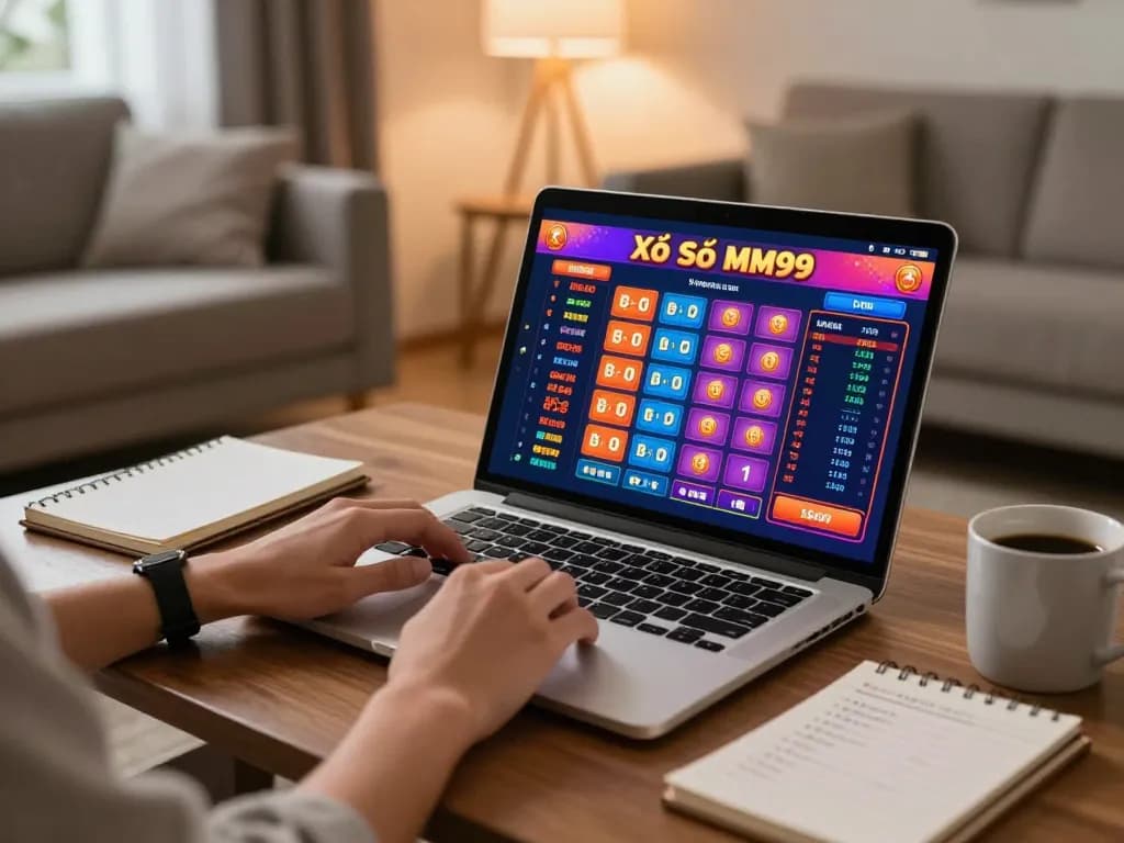 Xổ Số MM99 player engaged in online drawing, laptop showcasing colorful lottery options.