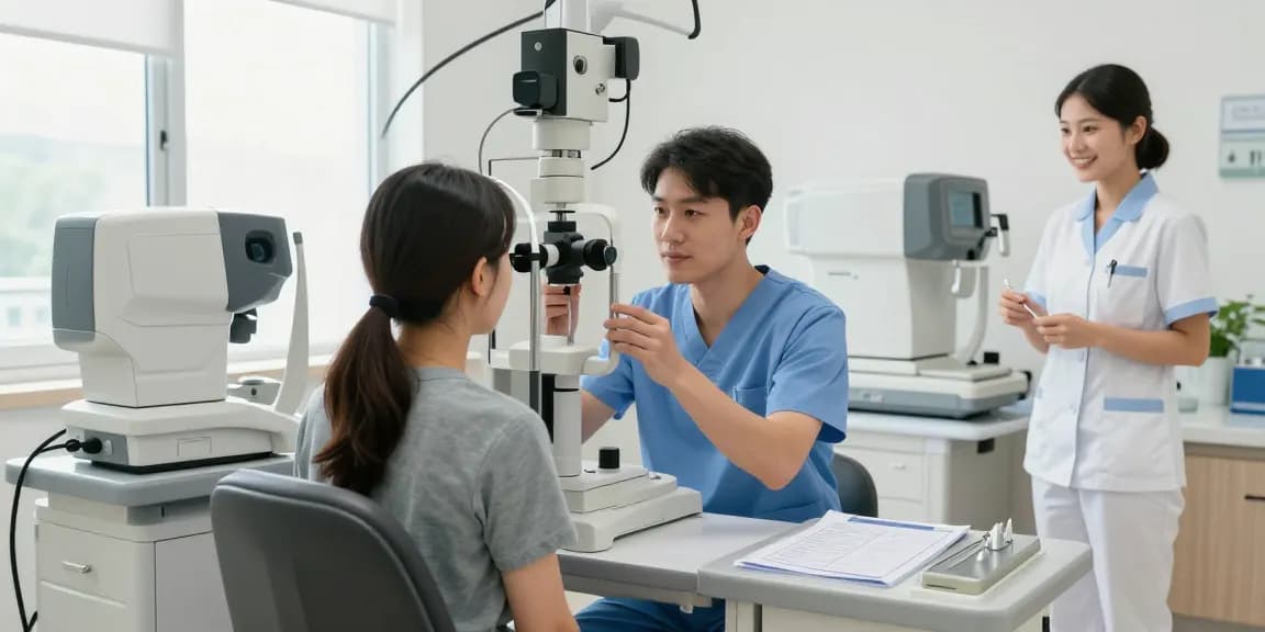 Advanced eye care at SNU Eye Clinic, featuring a surgeon examining a patient with sophisticated equipment.