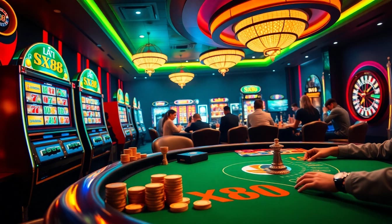 Players enthusiastically gamble at SX88-themed casino tables featuring vibrant slots and roulette wheels.