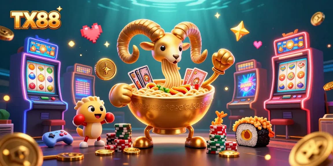 TX88 engages players with vibrant casino elements, featuring a golden ramen bowl dealer in action.
