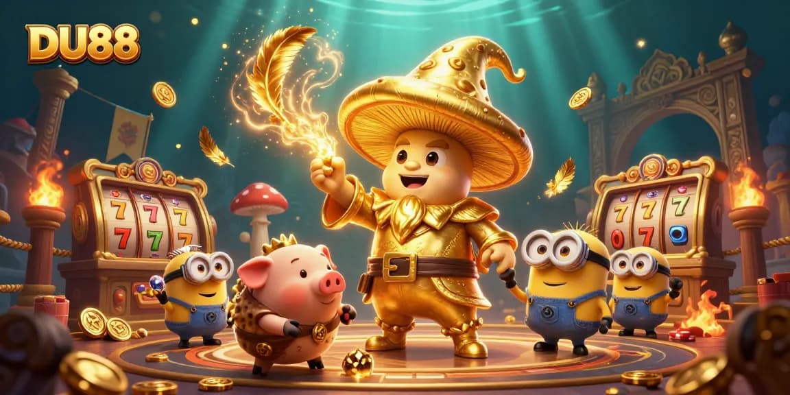 DU88 casino scene with golden mushroom wizard and treasures in an immersive slot gaming environment