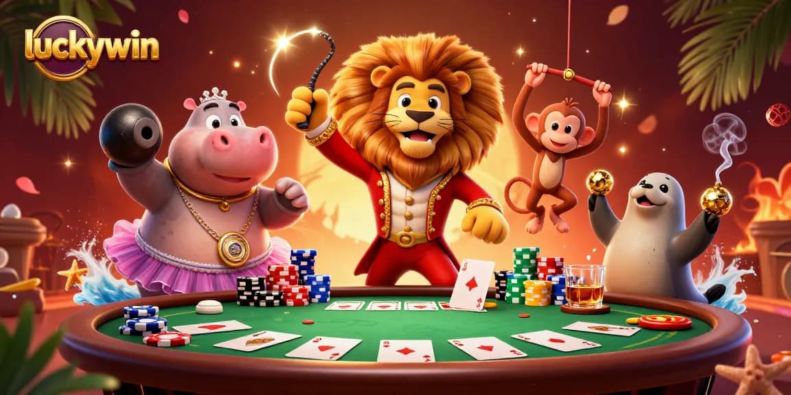 Engage with luckywin as colorful characters play high-stakes poker in a vibrant casino.