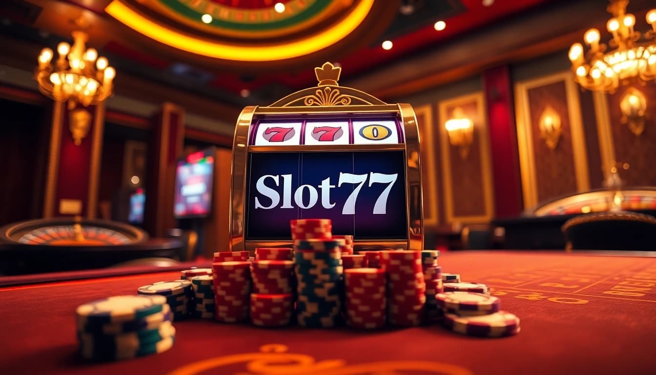 Experience excitement at Slot777 with a captivating view of slot machines and poker chips in a thrilling casino setting.