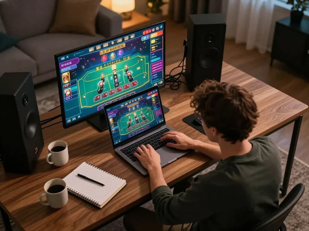 Player engaging in online gaming at home, exploring tr88 trang chủ for thrilling casino experiences.