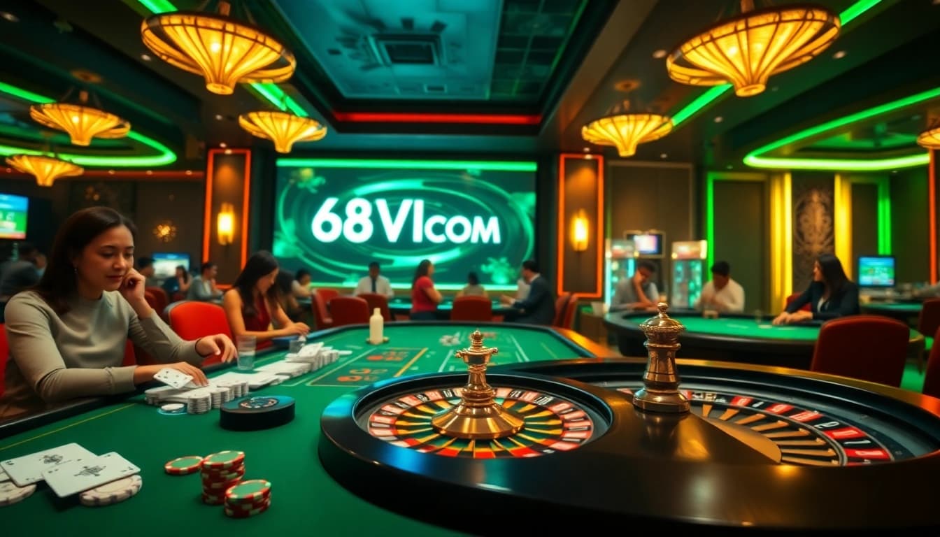 High-stakes gambling scene showcasing 68VIP.COM with poker chips and roulette wheel excitement.