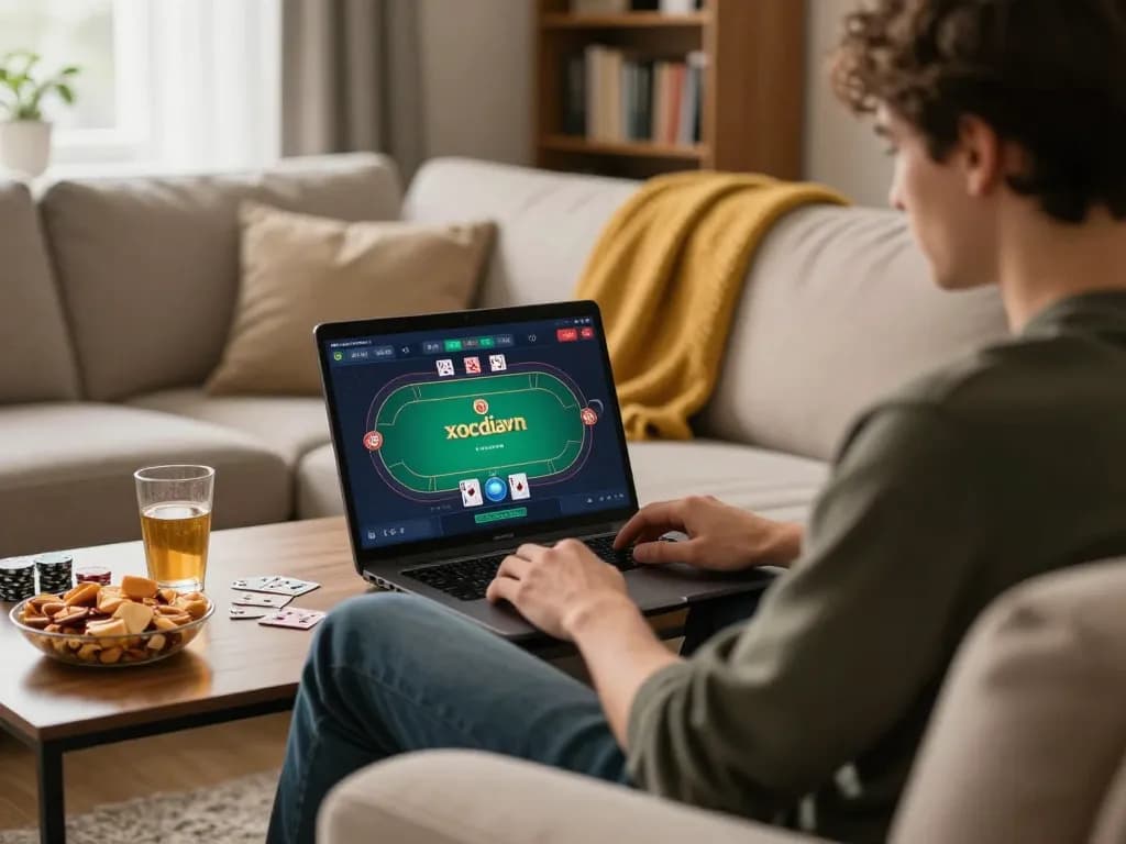 Player enjoying online xocdiavn poker game at home with focused strategy and comfortable atmosphere.