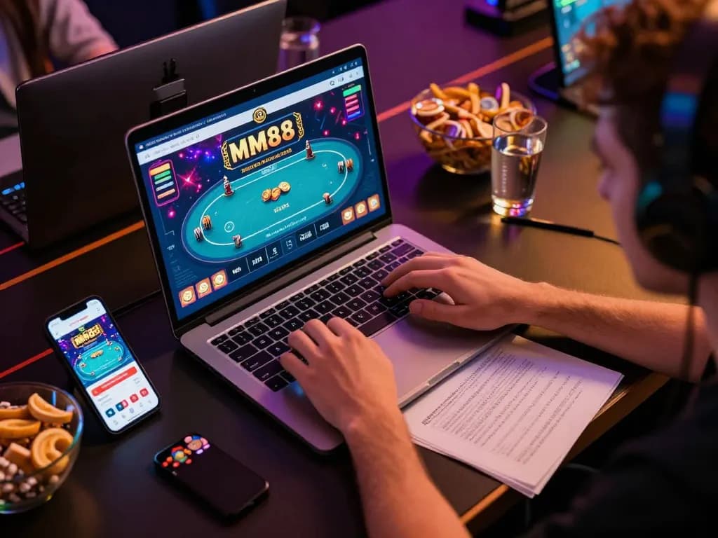 Engaged user playing MM88 poker online with colorful gaming accessories in cozy setup