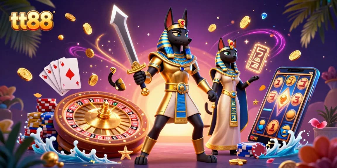 Engage with tt88's thrilling casino experience showcasing ancient Egyptian characters surrounded by dynamic gaming elements.