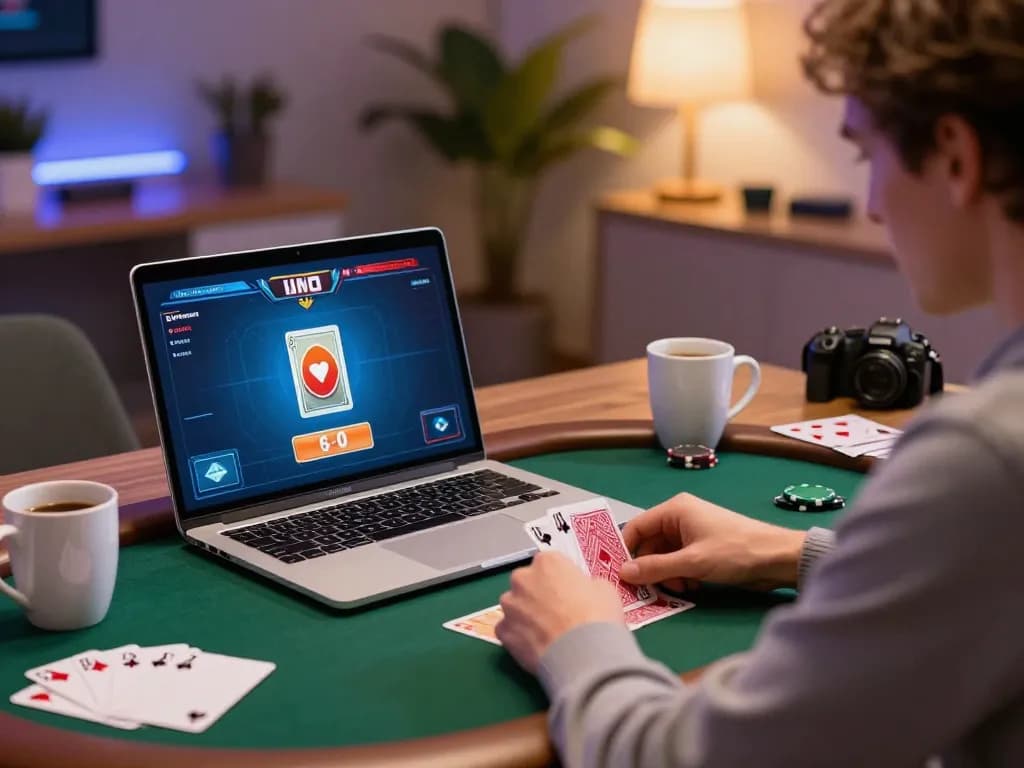 Jun88 player focusing on strategy during an exciting online poker game at home.