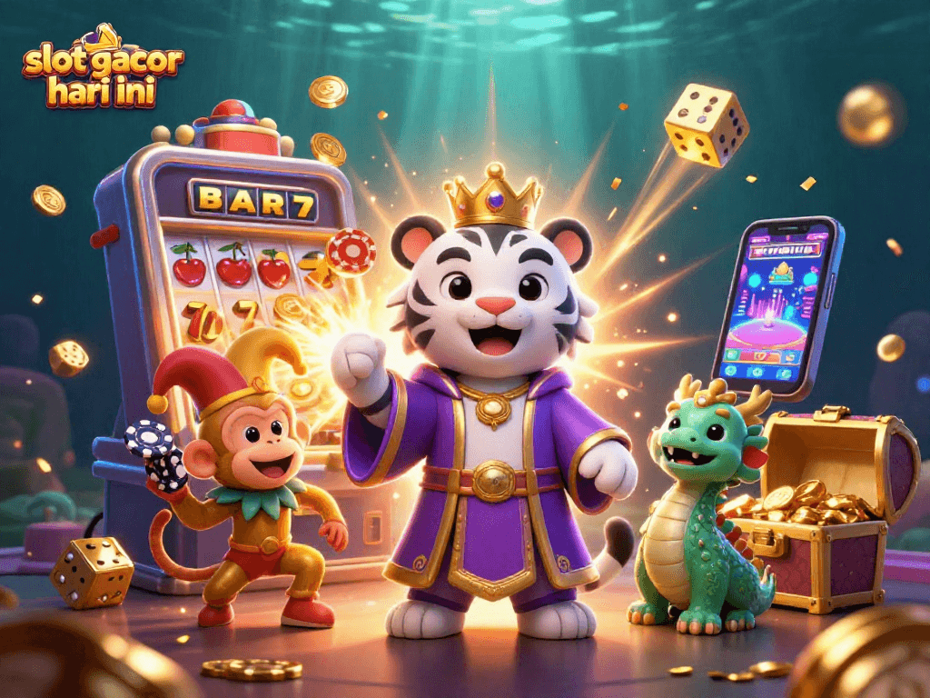 Experience the thrill of slot gacor hari ini with an enchanting scene featuring a regal tiger, a playful monkey, and a magical dragon.