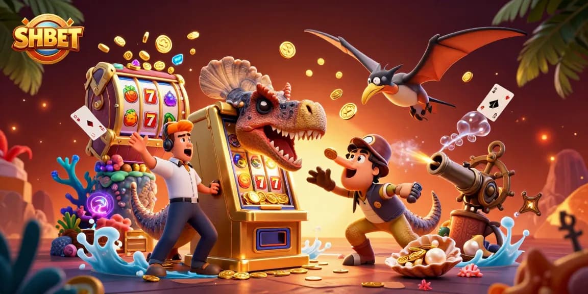 Engage with SHBET's thrilling experience as a pachycephalosaurus hits a jackpot slot, surrounded by vibrant casino elements.