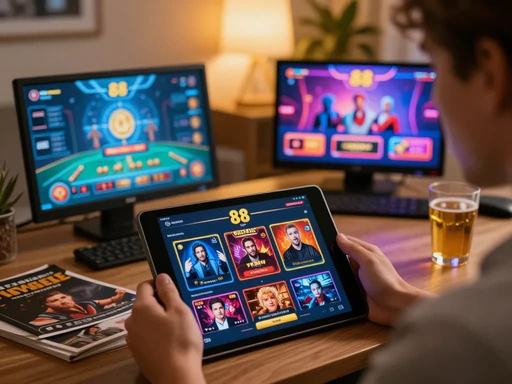 Player strategizing on the open 88 casino app at home, with vibrant games displayed on tablet
