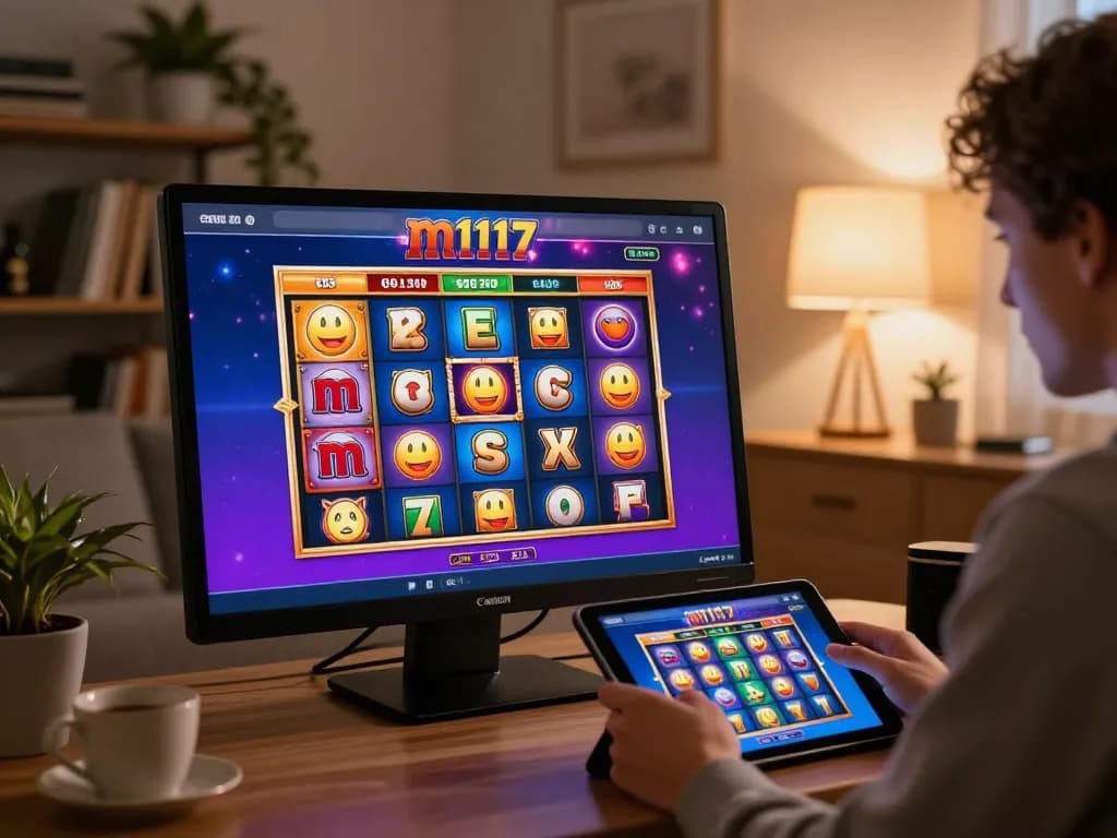 User enjoying the m117 online slot game on a tablet at home, illustrating fun and responsible gaming.