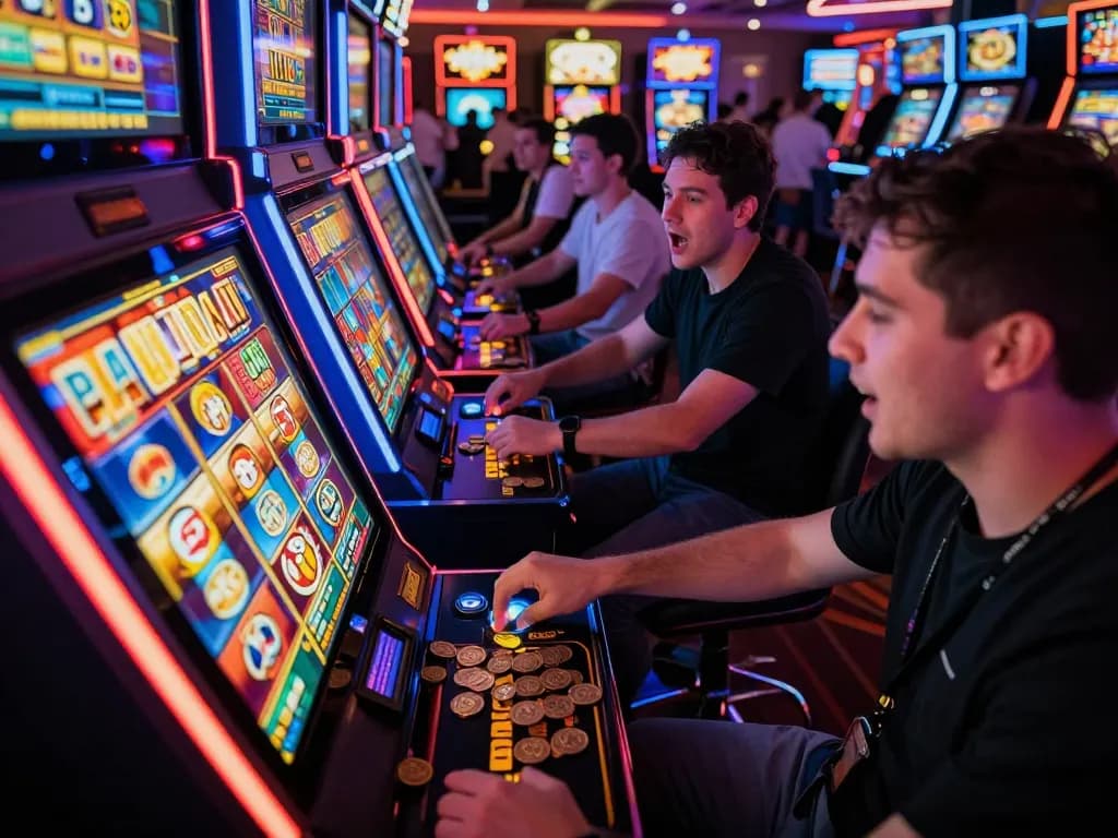 W69 players celebrating wins while engaging with colorful slot machines in a lively casino atmosphere