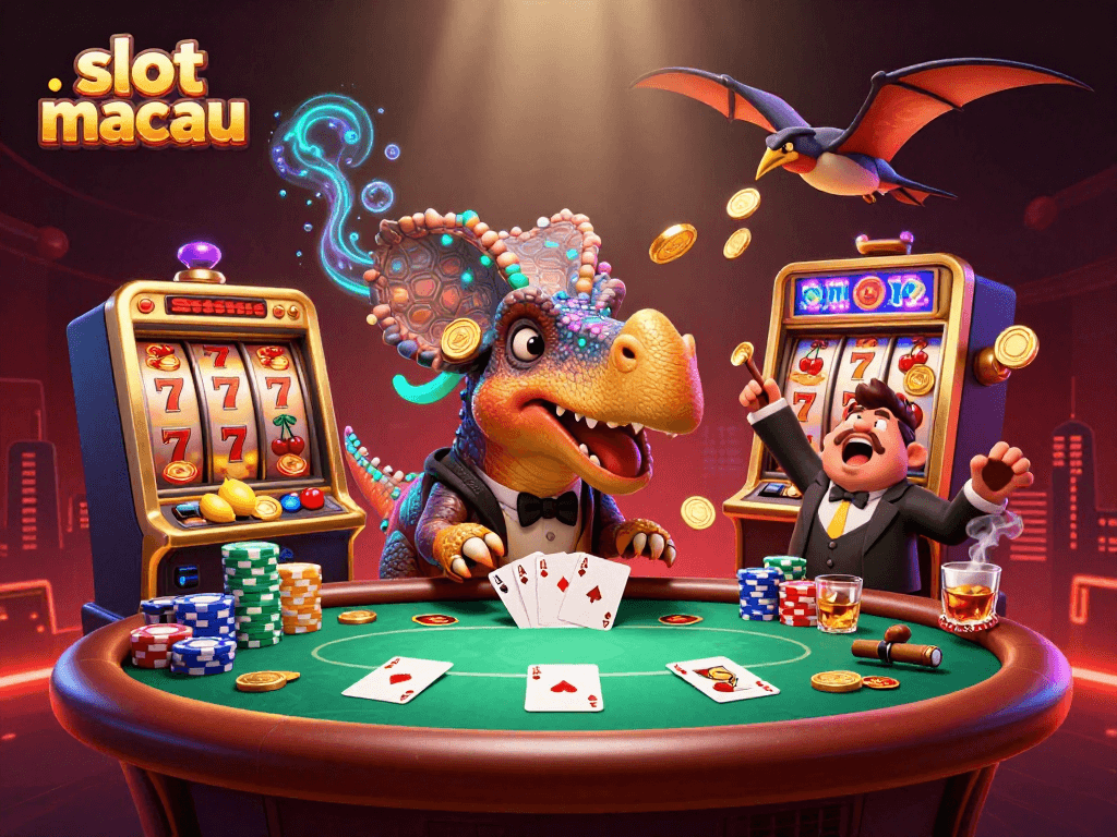 Experience a thrilling jackpot scene from slot macau featuring cartoon dinosaurs and colorful casino elements.