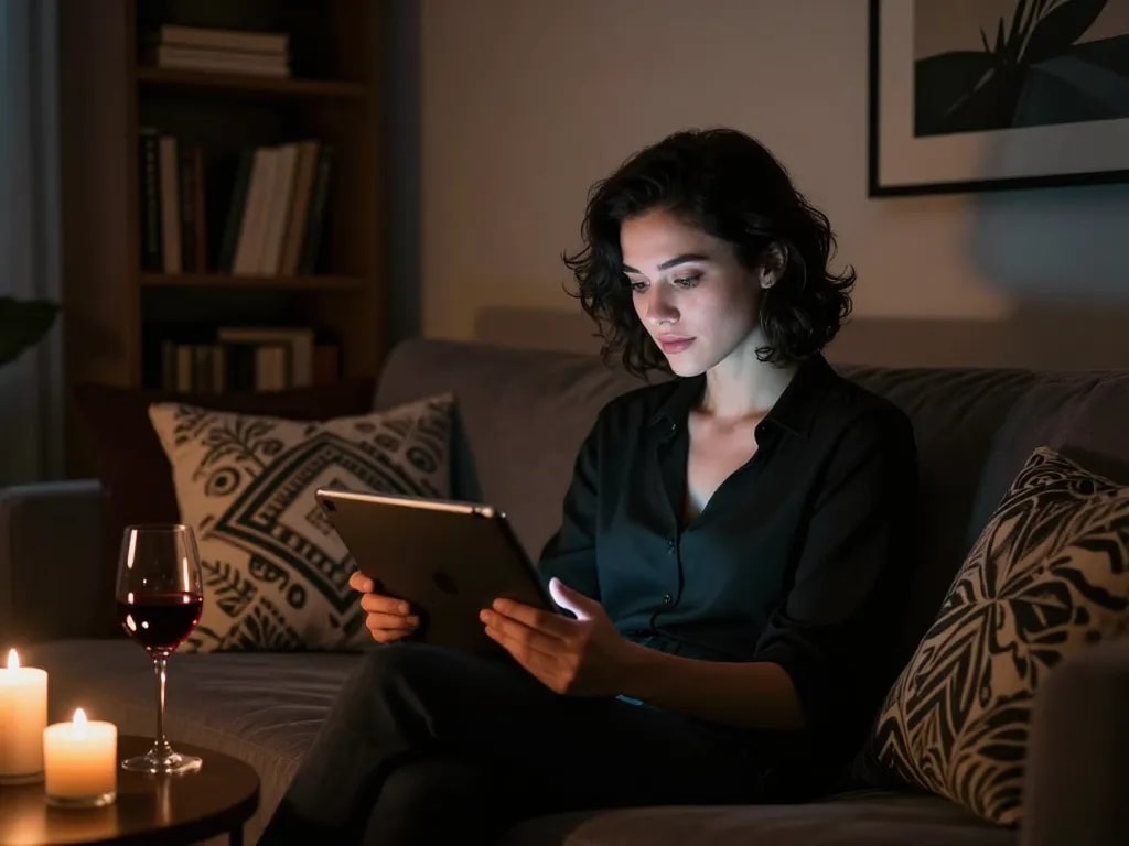 NSFW AI chat interaction on a sleek tablet in an intimate setting