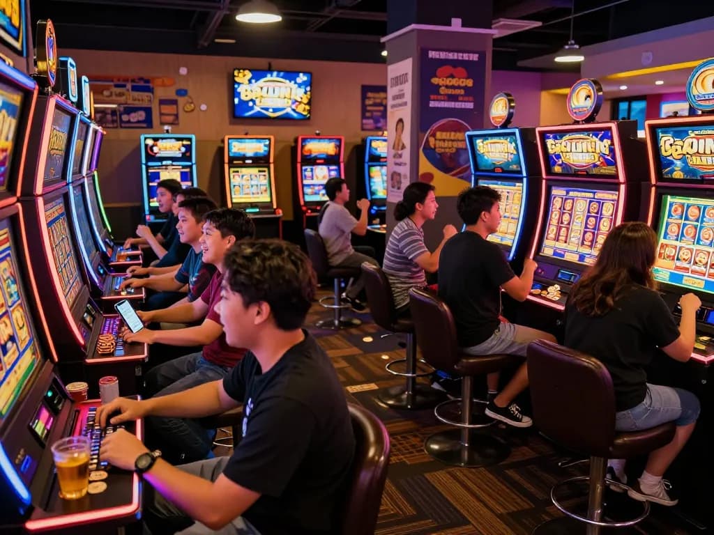 Exciting gaming lounge scene featuring players celebrating a jackpot win with link gacor visible on a smartphone.