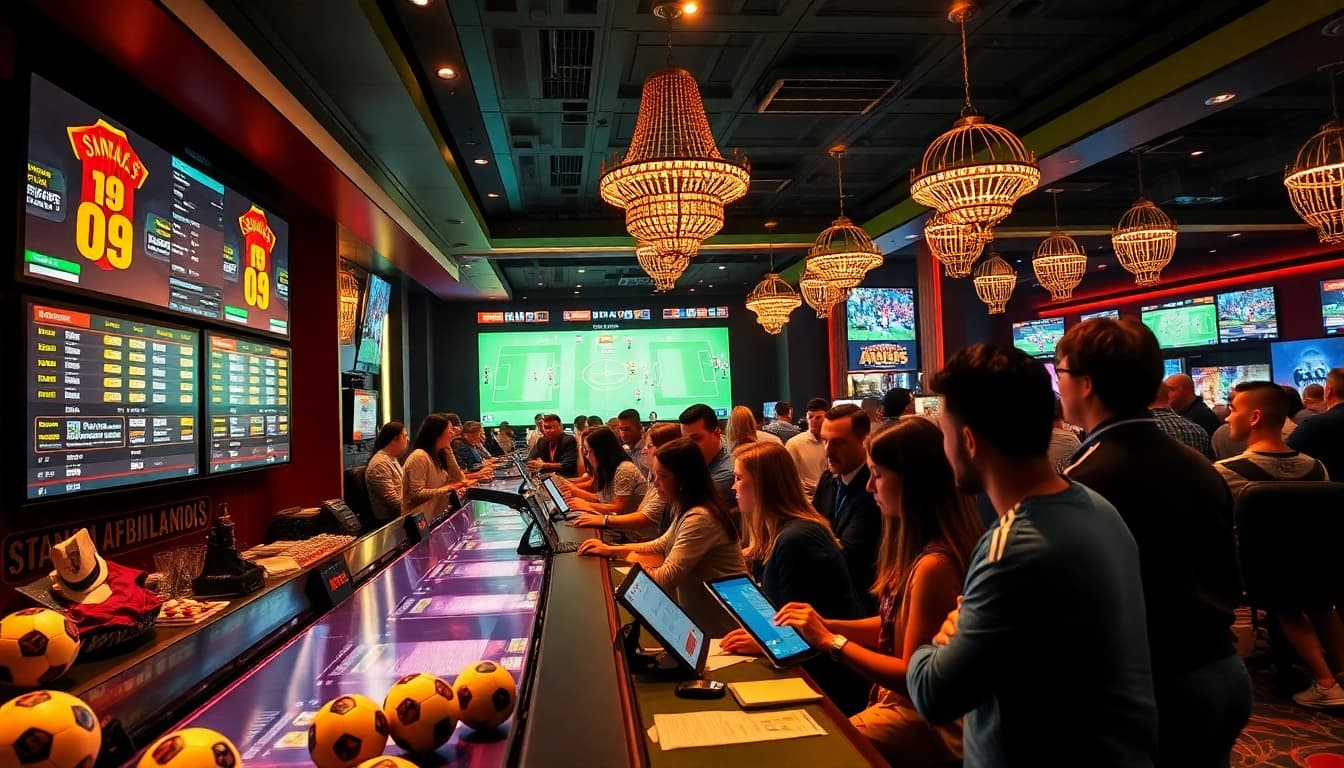 Engaged gamblers learn เทคนิคแทงบอล through a vibrant scene of live sports betting, highlighting innovative wagering strategies.