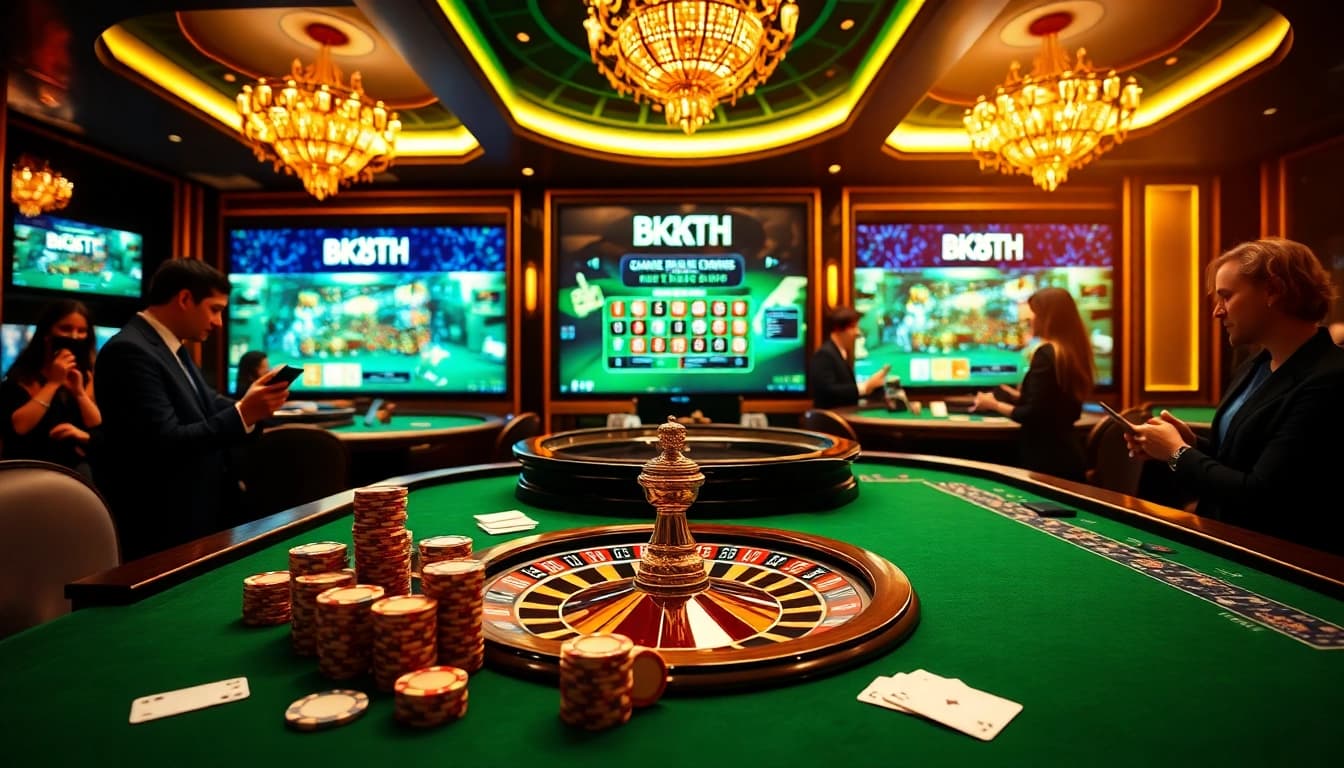 Dynamic BK8TH online gambling scene with poker chips and engaging players.