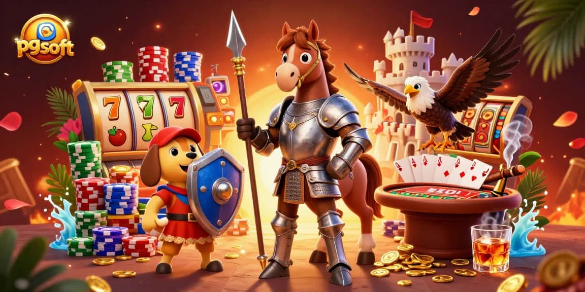 Spin the reels with pg soft in this vibrant illustration of a knight, puppy, and a falcon.