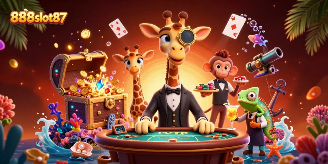 Engage with the vibrant 888slot87 casino scene featuring a high-roller giraffe, monkey valet, and chameleon bartender.