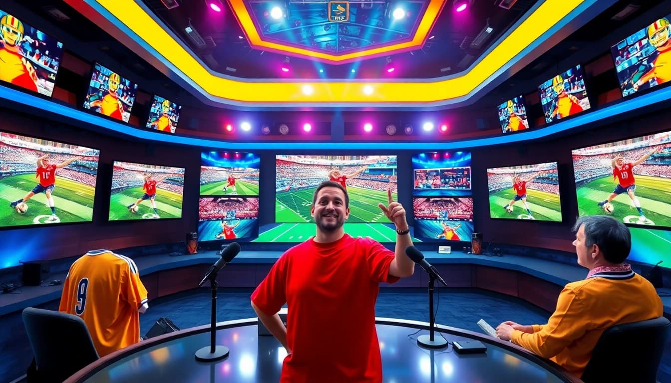 Engage with Sports Broadcasting as a host delivers live updates in a dynamic studio.