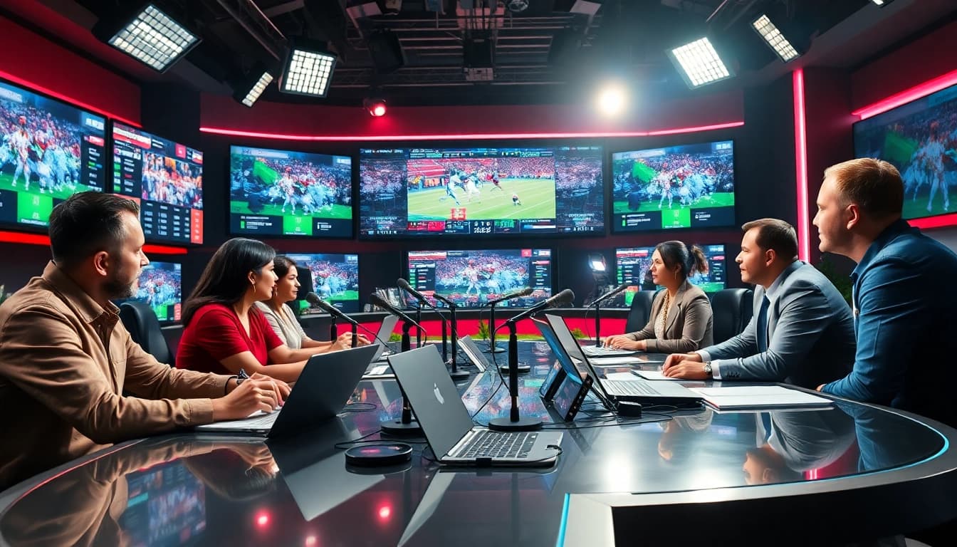 Sports Broadcasting commentators engaged in lively discussion at a modern studio.
