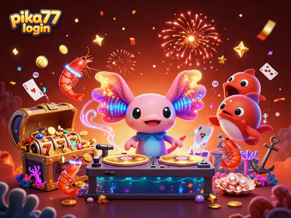 Pika77 login action as the vibrant axolotl DJ spins golden records amid glowing treasures and lively shrimp.