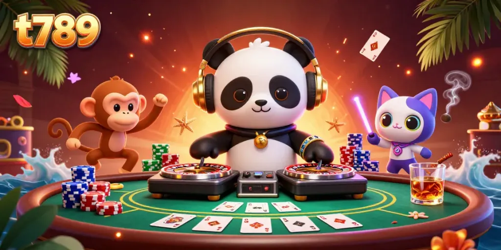 Engaging t789 casino scene featuring a DJ panda, breakdancing monkey, and glowing kitten among poker chips.
