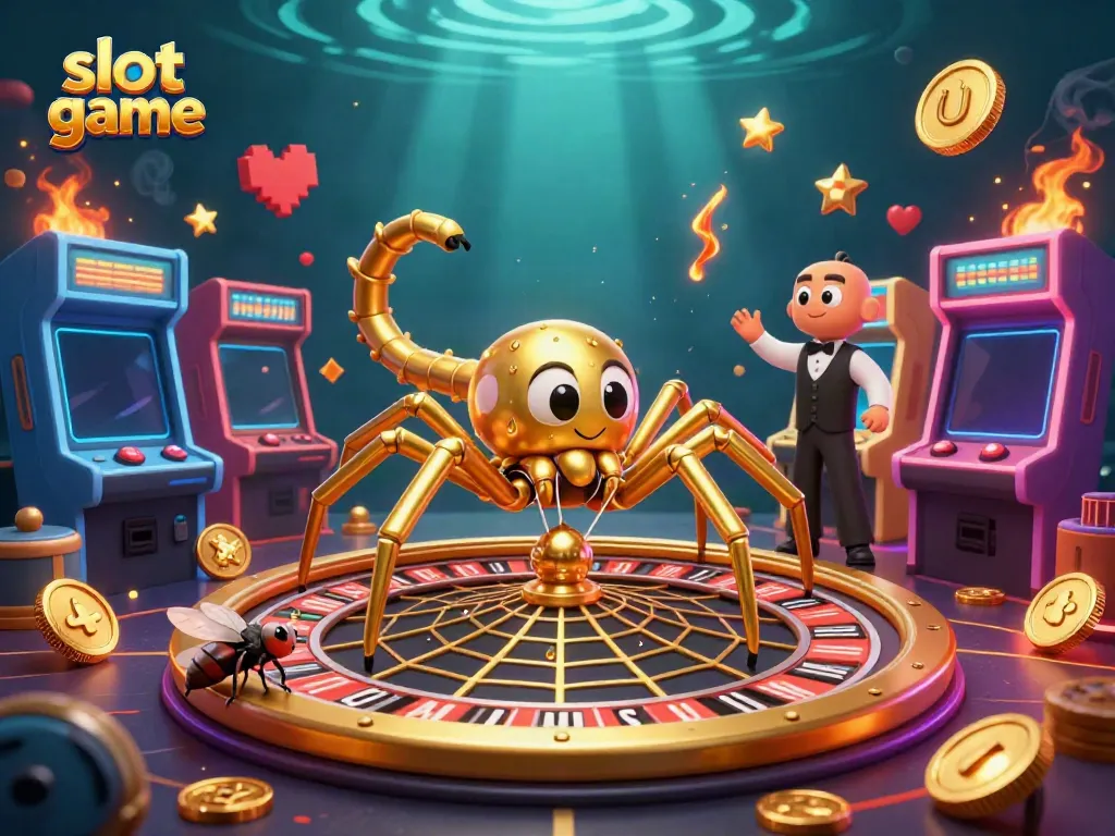 Catch the excitement of a slot game with a golden spider, centipede croupier, and dynamic casino visuals.