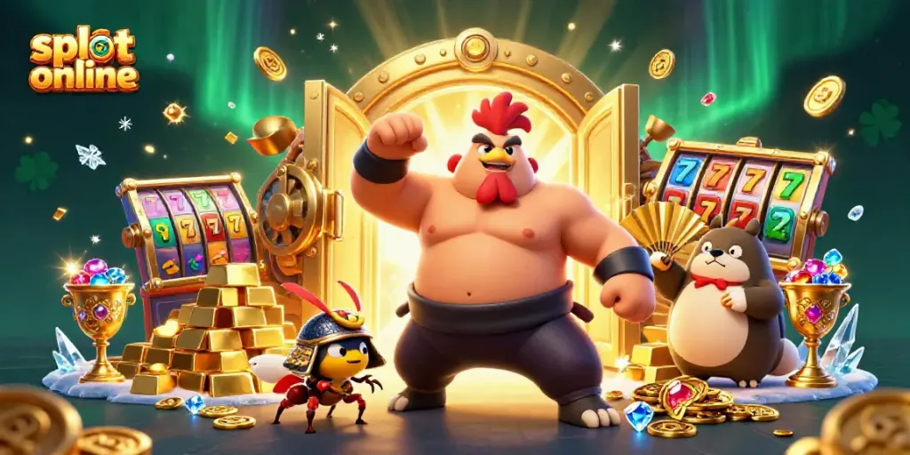 Gambarlah slot online yang menarik dengan ayam sumo, pemain kriket berhelm, dan tanuki di antara tumpukan koin emas