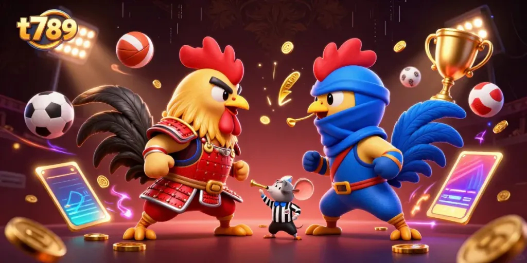 Engage in exhilarating cockfighting action with the t789 duo of roosters in combat gear, vibrant 3D sports elements in play.