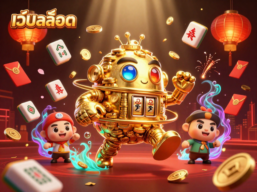 Experience the excitement of เว็บสล็อต with a golden golem surrounded by vibrant casino elements.