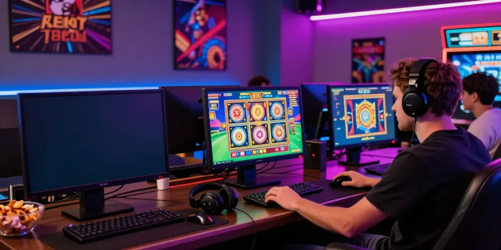 Akunjp user engaged in an online casino game, vibrant graphics and accessories enhancing the experience.