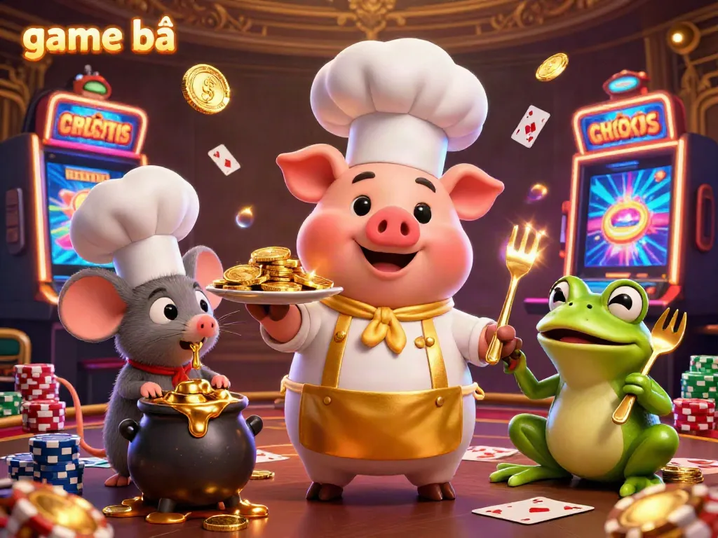 Engage in exciting game bài action with a cartoon pig chef serving gold coins against vibrant casino elements.