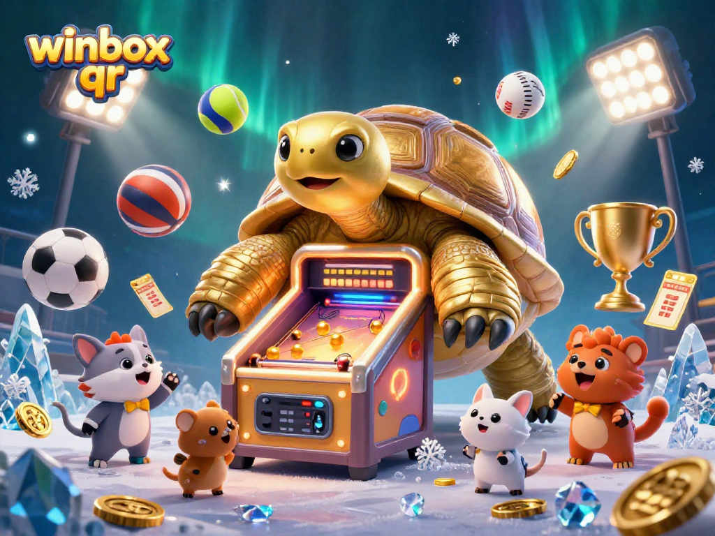 Experience winbox qr fun with a colossal tortoise pinball machine surrounded by excited players and sports balls.