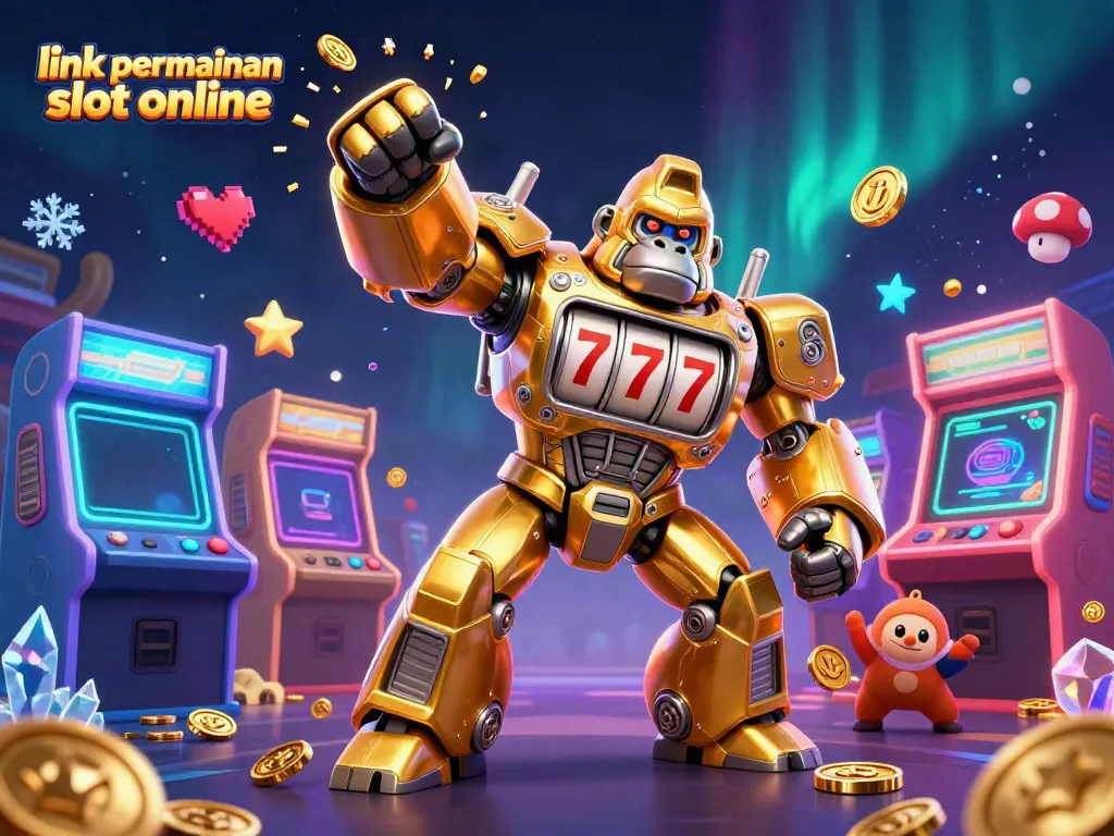 Mencari link permainan slot online dengan mesin slot dan gorila robot 3D yang mengeluarkan koin.