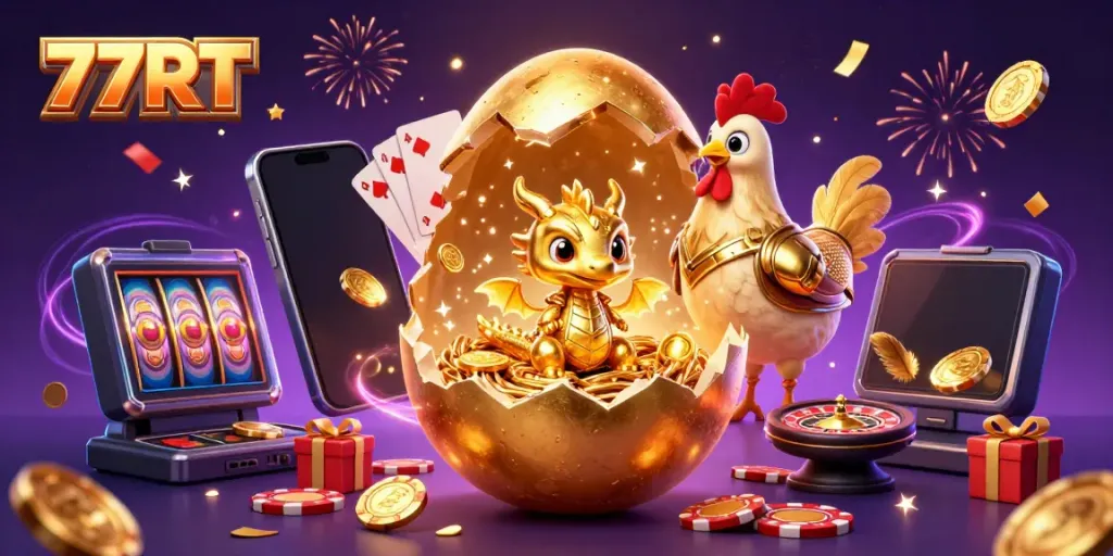Experience the magical world of 77RT as a baby dragon reveals golden treasures from a nest of poker chips.