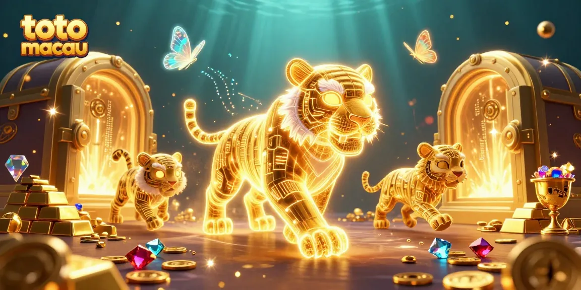 Menang di toto macau dengan ilustrasi kasino yang menampilkan karakter harimau dan bug holografis.