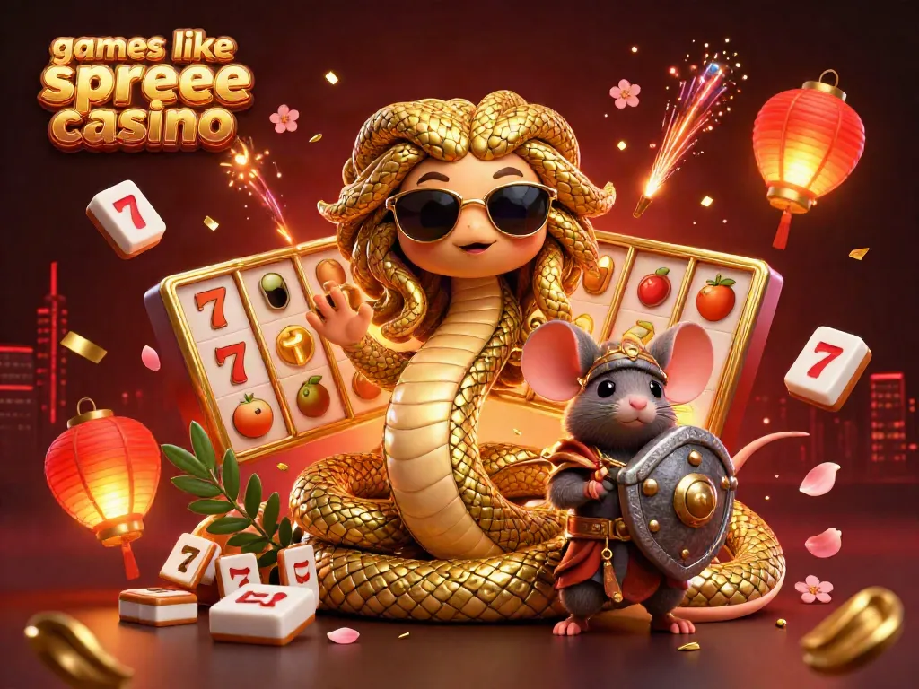Experience games like spree casino in this vibrant 3D scene filled with slot reels and festive elements.