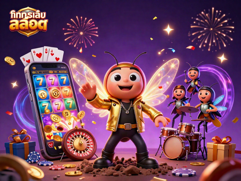 Engage in ทดลองเล่นสล็อต with a vibrant 3D illustration showcasing a rock star cicada and dynamic casino elements.